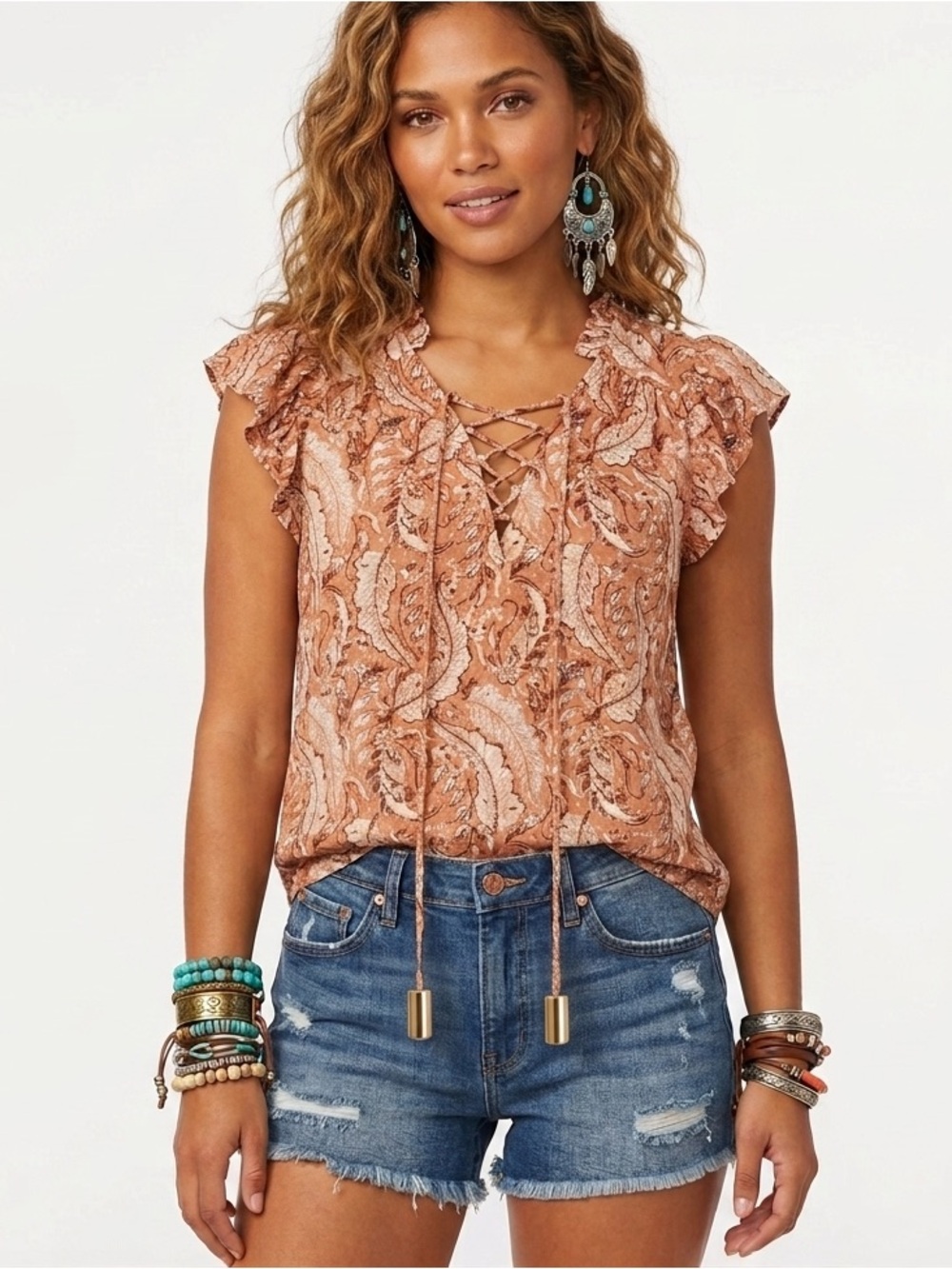 Joie Rust Paisley Lace-Up Ruffle Sleeve Blouse